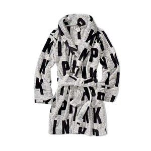 Victorias Secret Womens Gray Pink Logo Fleece Robe Tie Waist Long Sleeve Size XS